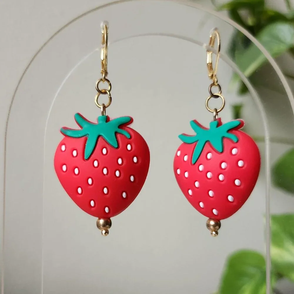 Cute Strawberry Earrings | Silicone Strawberry Beads - Picture 1 of 6